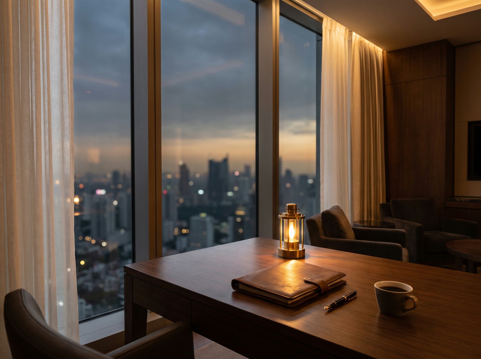 An executive suite desk at dusk, a leather folio and a lantern by the window