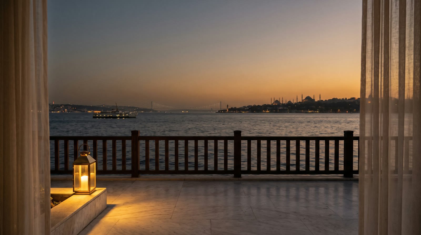A waterside terrace at dusk on the Bosphorus in Istanbul