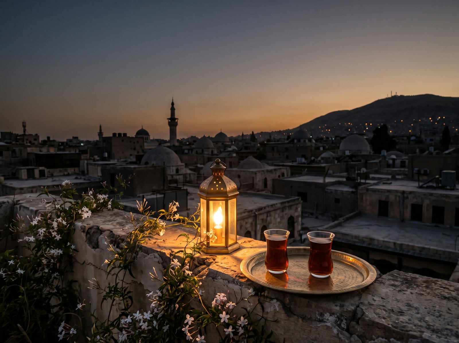 A Damascene courtyard at dusk, jasmine over the fountain, one lantern lit