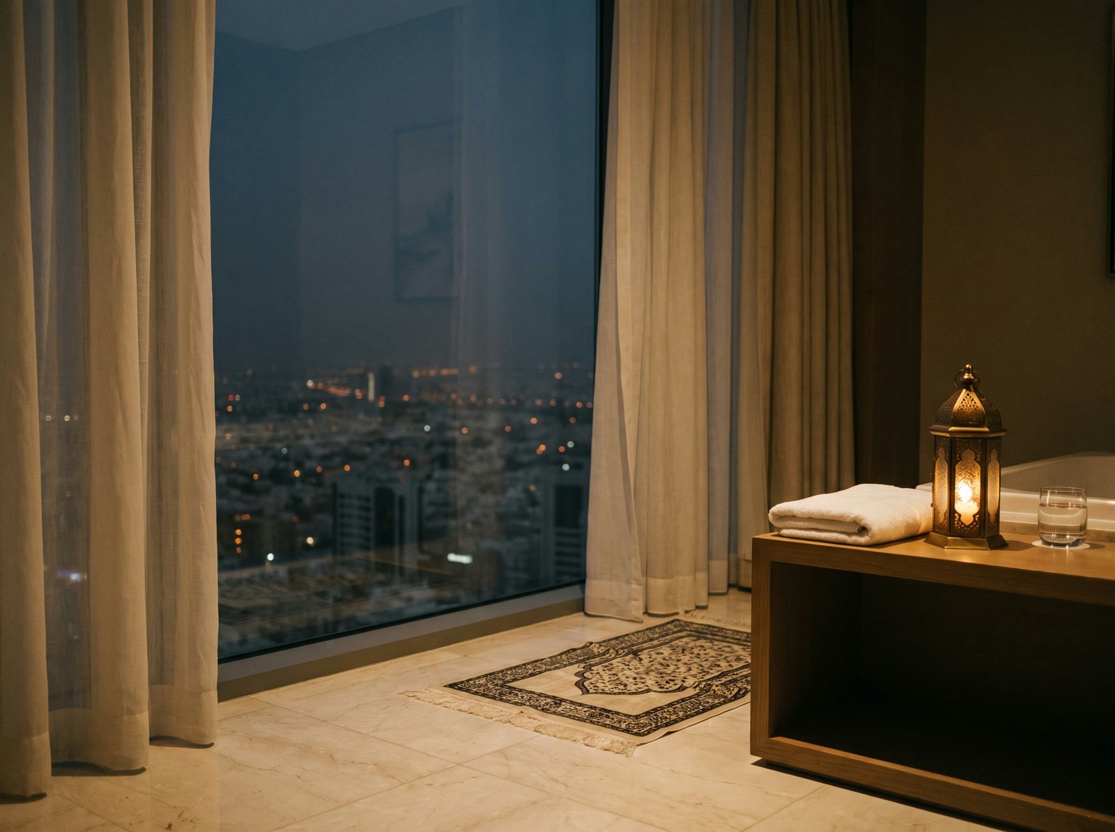 A quiet hotel room before dawn, a prayer mat laid by the window, the city lights far below
